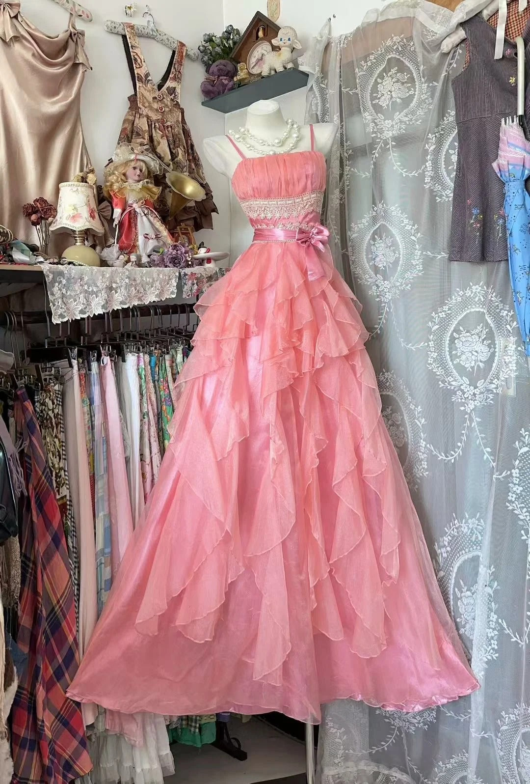 Robe de bal vintage à fines bretelles en mousseline rose, robe de soirée longue N1945