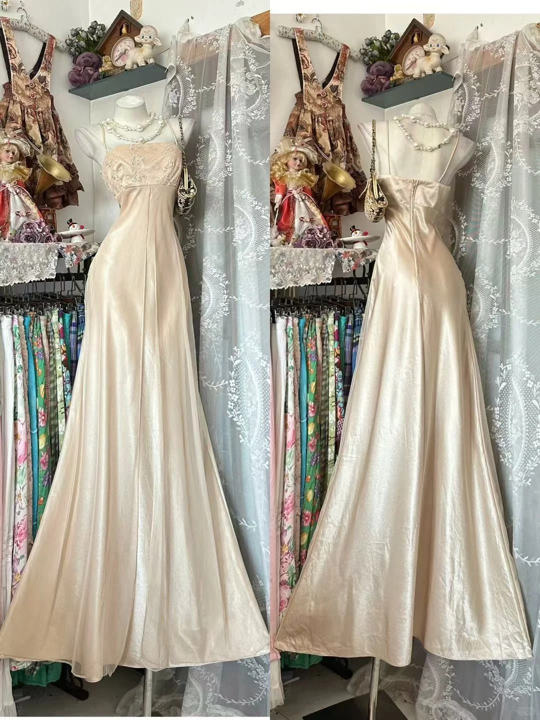 Vintage Meerjungfrauen-Abendkleid mit Spaghettiträgern, champagnerfarben mit Schlitz, langes Modell N1940