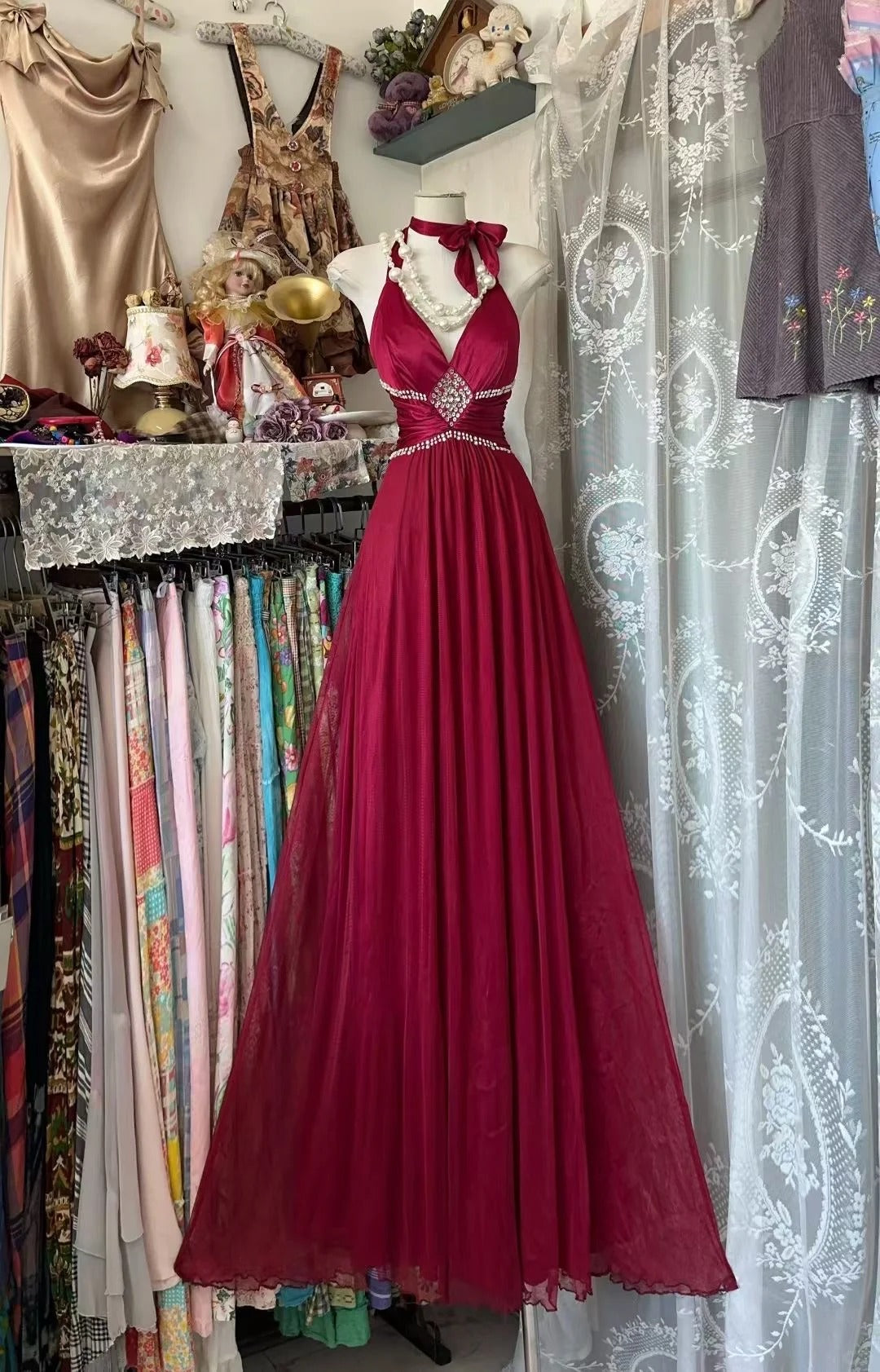 Robe de bal vintage, coupe trapèze, dos nu, bordeaux, en mousseline, inspiration robe de soirée formelle N1986