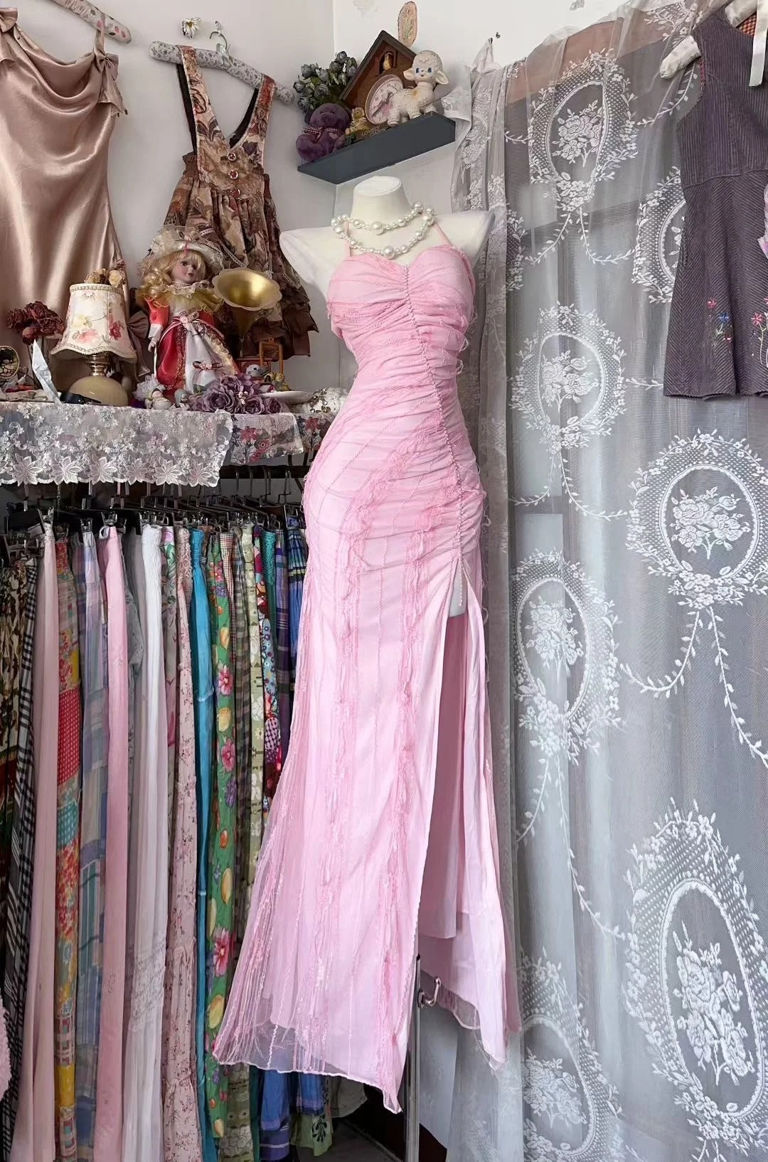 Robe de soirée longue rose vintage sirène dos nu avec fente, années 80, sans manches, robe de bal N1949