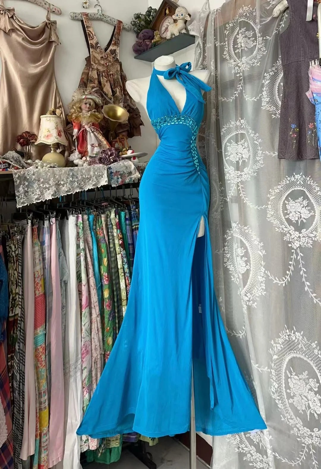 Vintage Meerjungfrauen-Halterkleid in Königsblau mit Schlitz, ärmellos, langes Partykleid im Stil der 80er Jahre, Ballkleid N1954