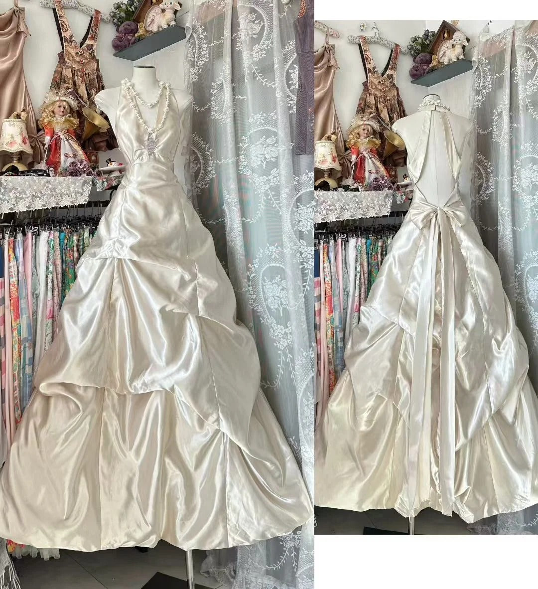 Elegantes, ärmelloses Ballkleid im 80er-Jahre-Stil aus Satin mit Neckholder, champagnerfarbenem Rückenausschnitt und figurbetontem Design, ideal für Partys und Abschlussbälle (N1984)