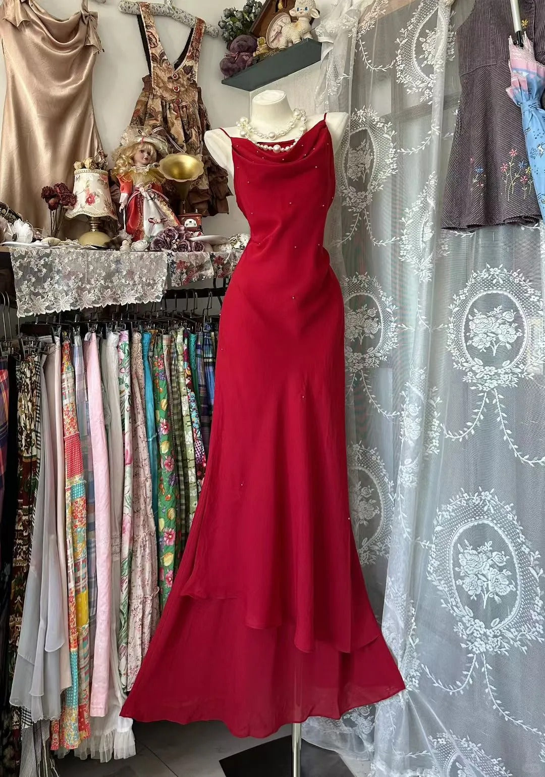 Vintage Meerjungfrauen-Kleid mit Spaghettiträgern aus den 80er Jahren, burgunderrot, Chiffon, ärmellos, Partykleid/Abendkleid N1958