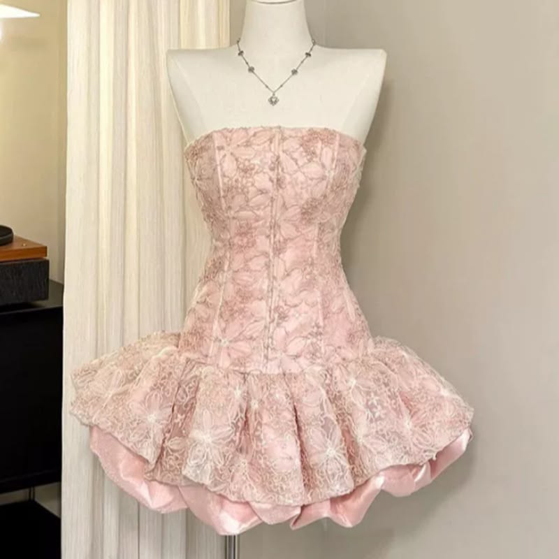 Romantic Sheath Strapless Pink Lace Short Mini Fall Cocktail Dress Homecoming Dresses RB4450