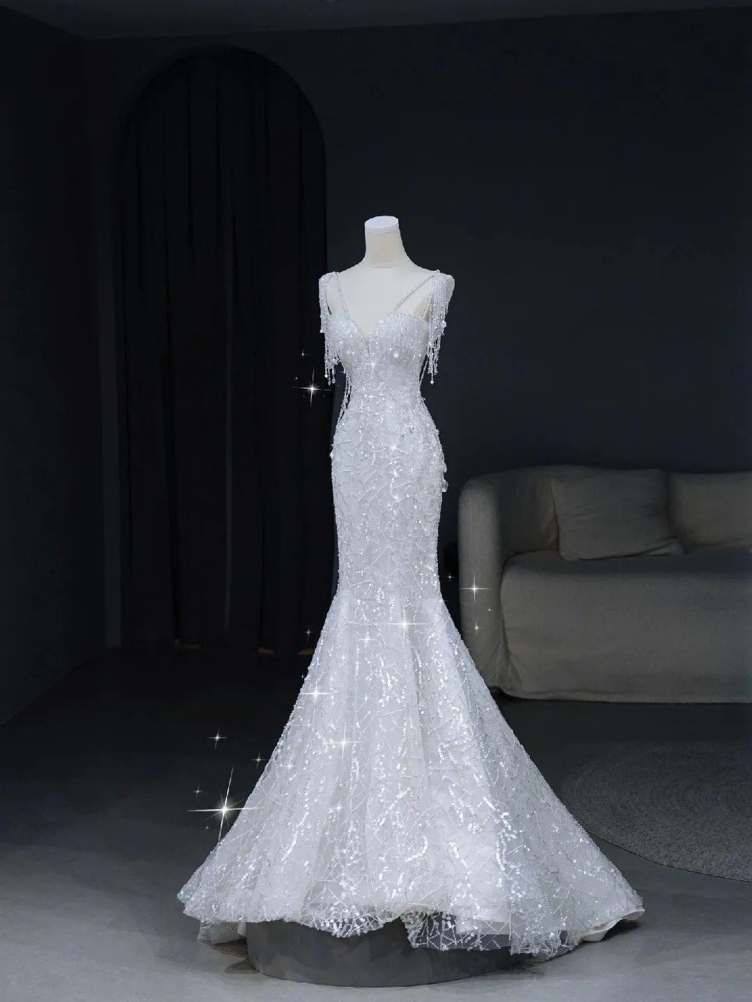 Robes de mariée élégantes et pudiques pour la mariée, coupe sirène, col en V, sequins, tailles petites et grandes, AB1506