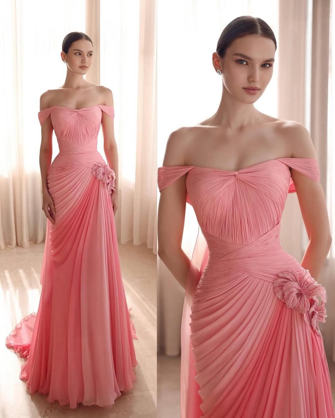 Elegantes Meerjungfrauen-Kleid, schulterfrei, Pink, mit kurzen Ärmeln, Chiffon, Ballkleid zum 18. Geburtstag, N2805
