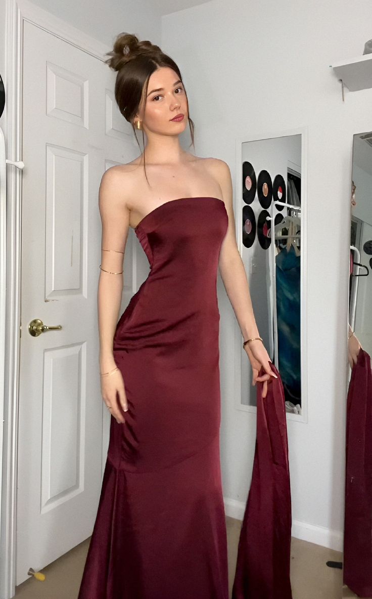 Elegant Mermaid Strapless Burgundy Satin Senior Aesthetic Prom Dresses Prom Gowns Birthday Outfits Graduation Dress RB795