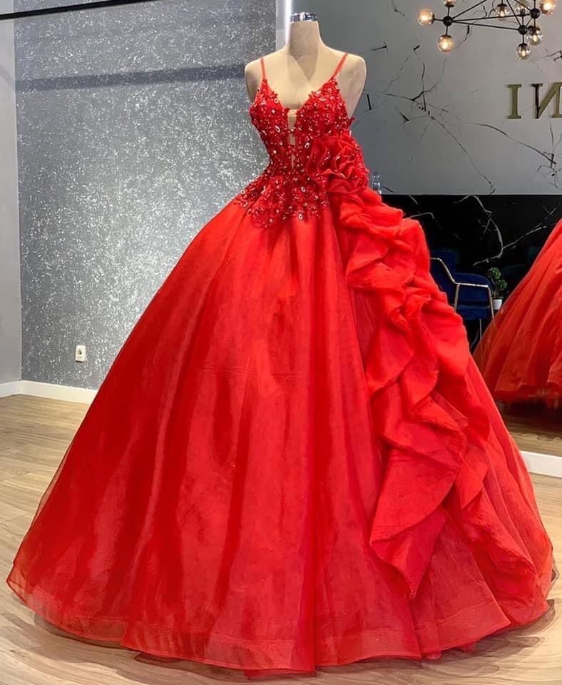 Elegantes Ballkleid für Damen, Spaghettiträger, roter Tüll, langes formelles Abendkleid für Tanz und Party AB1784
