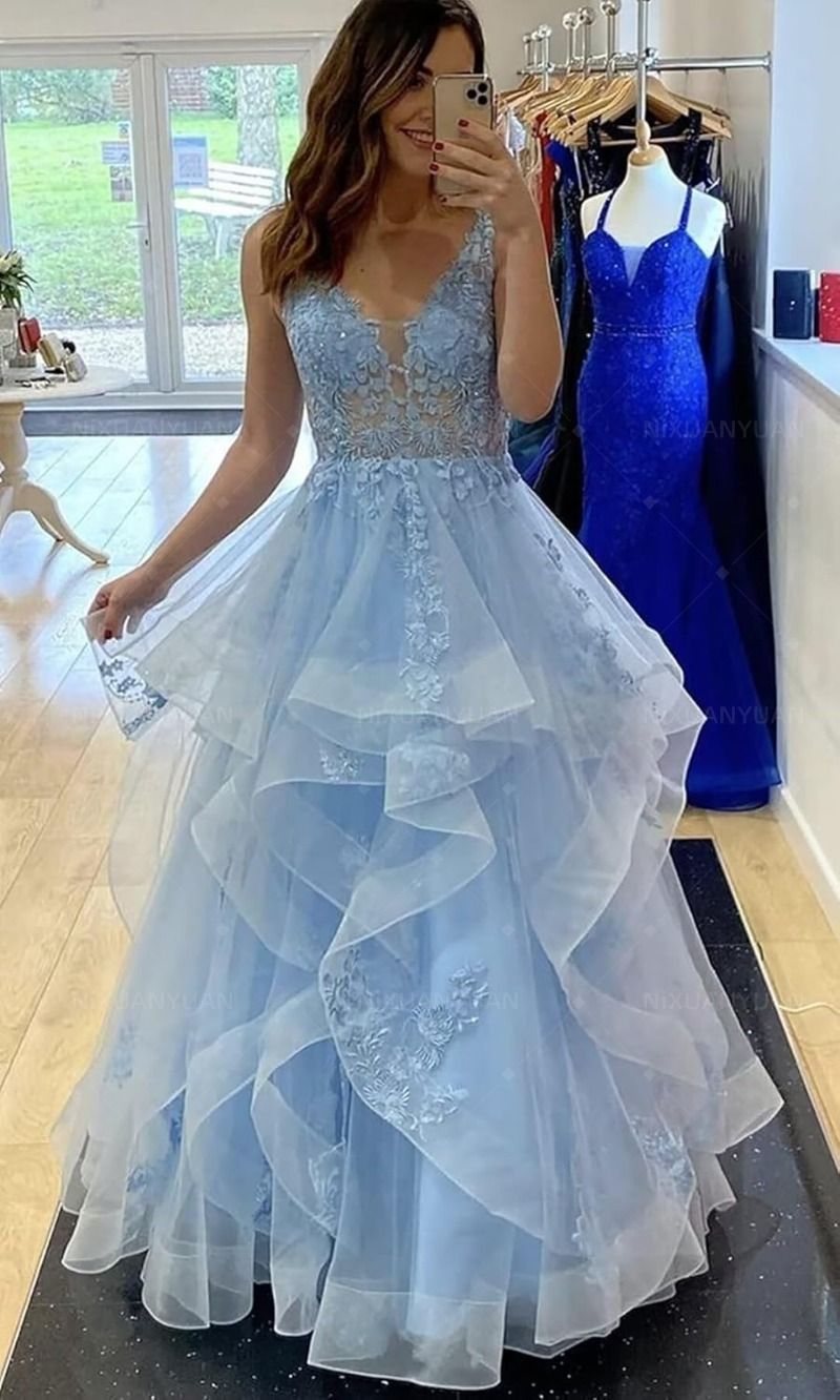 Einzigartiges Ballkleid mit V-Ausschnitt, hellblauer Spitze, formelles langes Stufenkleid für Abendveranstaltungen, Vestidos De Dia AB569