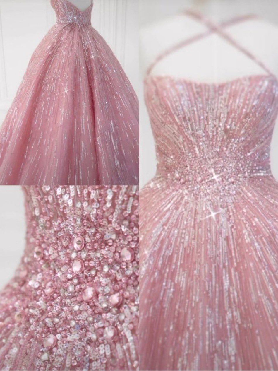 Robe de Bal Scintillante Longue Licou Rose Pailletée sans Manches Formelle pour Femmes Filles Adolescentes Robes de Bal N2293