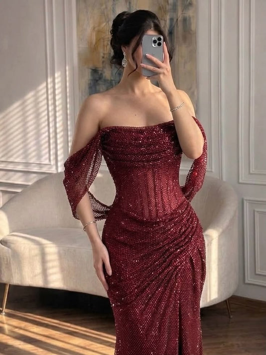 Sexy Abschlussballkleider Meerjungfrau Carmen-Ausschnitt Burgund Pailletten Abend Lange Formelle Kleid N4757