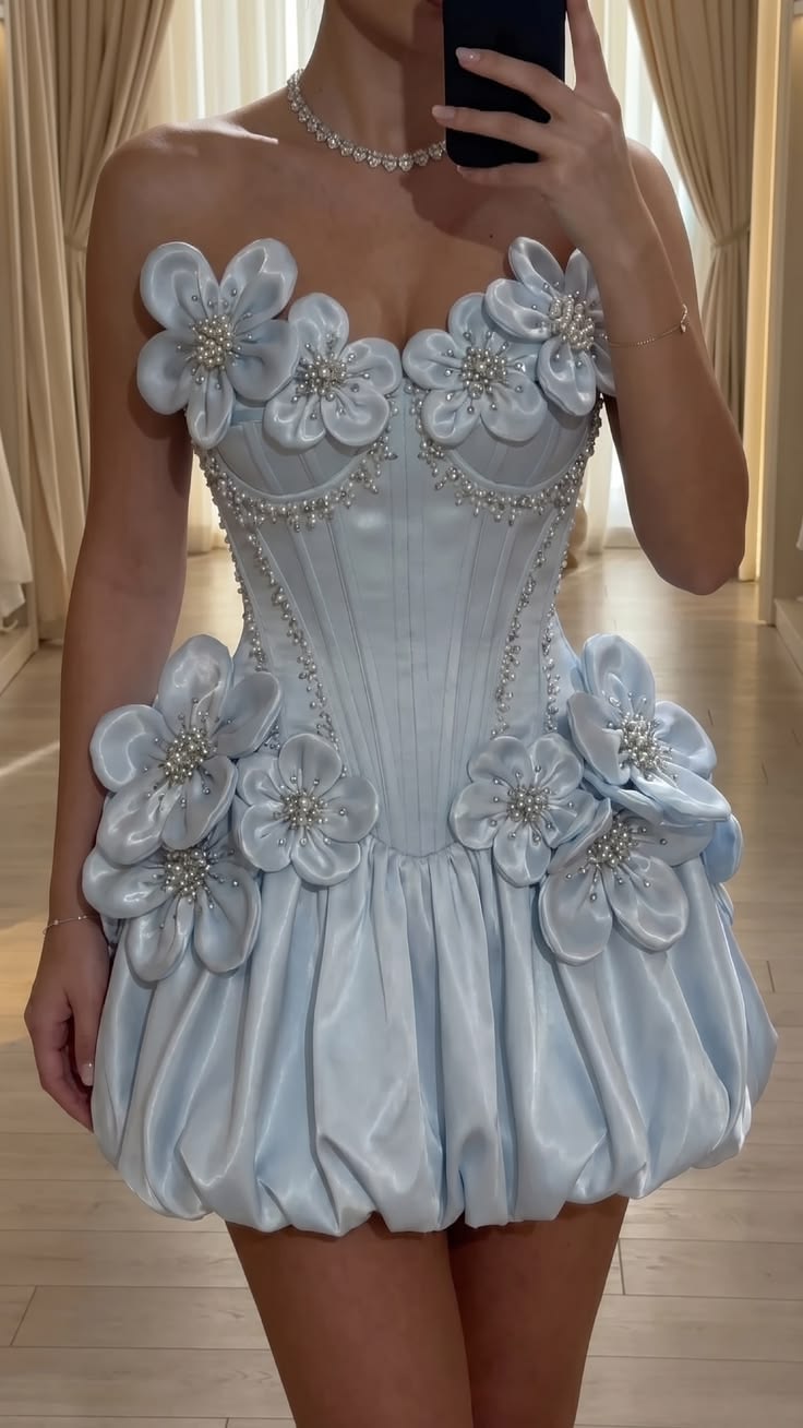 Cute Hoco Dress Homecoming Dresses Ball Gown Sweethart Light Blue With Flowers 16th Birthday Party Outfits RB6395