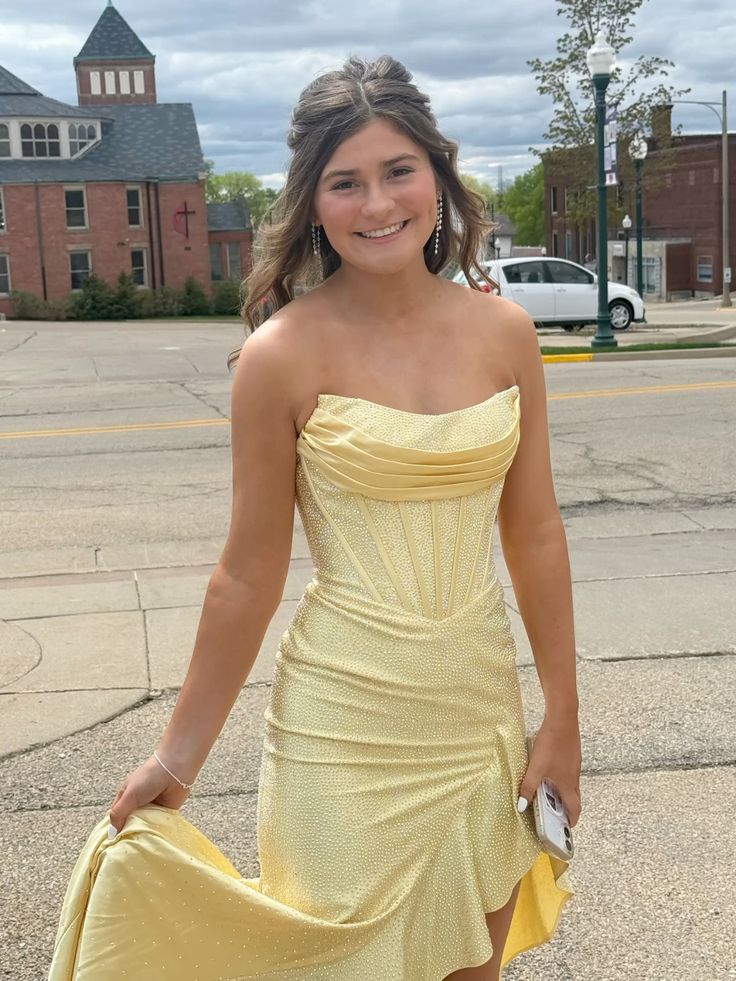 Sparkly Mermaid Strapless Yellow Satin Beaded Long Prom Dresses Inspiration Evening Gowns For Women Formal Party Dress AB1212