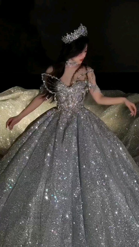 Ethereal Ballkleid Sweetheart Neck Silber Pailletten Bling Langes Brautkleid Fee Formale Bräute Kleid Brautkleider B09