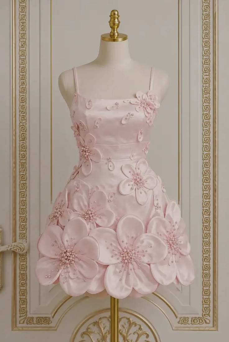 Fabulous A Line Spaghetti Strap Pink Short With Flowers Homecoming Dress Inspo Ideas Mini Party Dresses RB6886