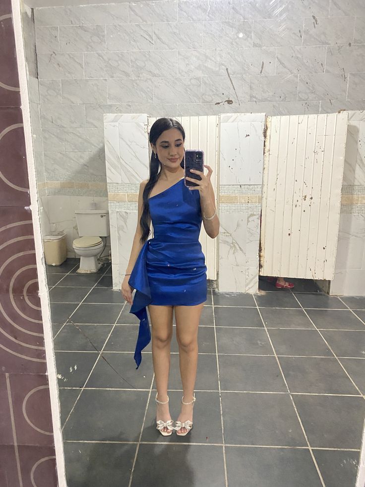 Minimalist Sheath One Shoulder Royal Blue Satin Semi-formal 12th Grad Inspo Short Mini Homecoming Dresses RB4587