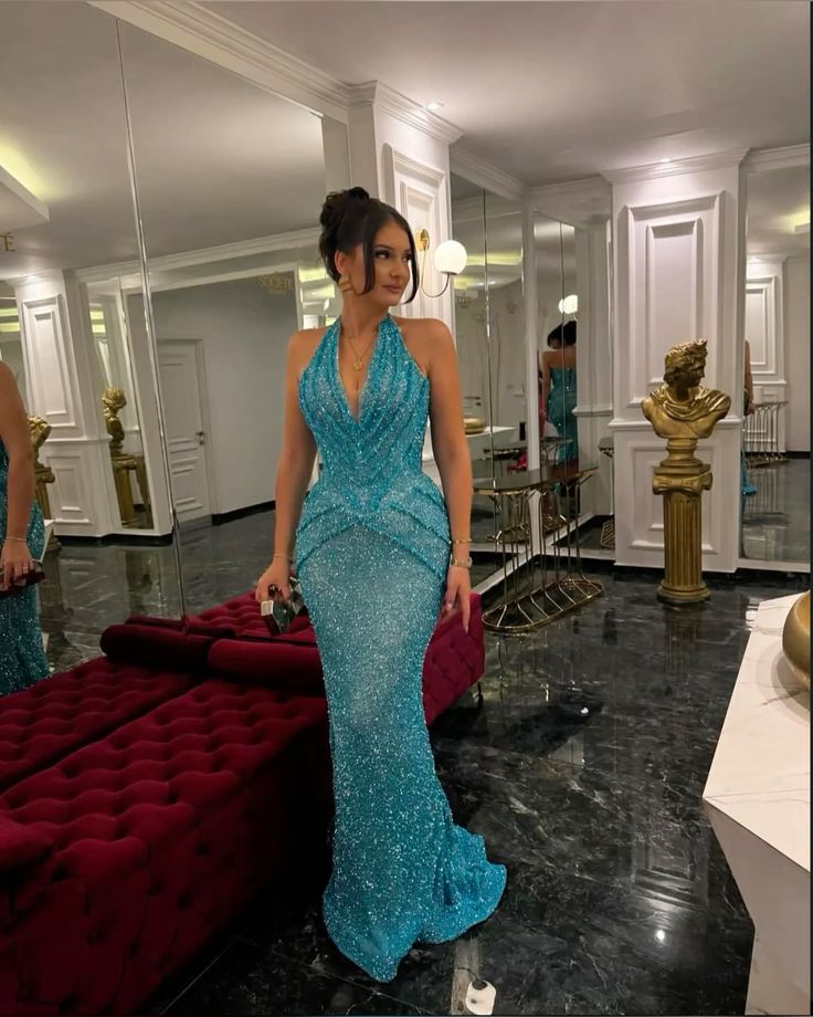 Prom Dress Sexy Mermaid Halter Blue Sequined For Teens Women Floor Length Graduation Party Dress RC1047