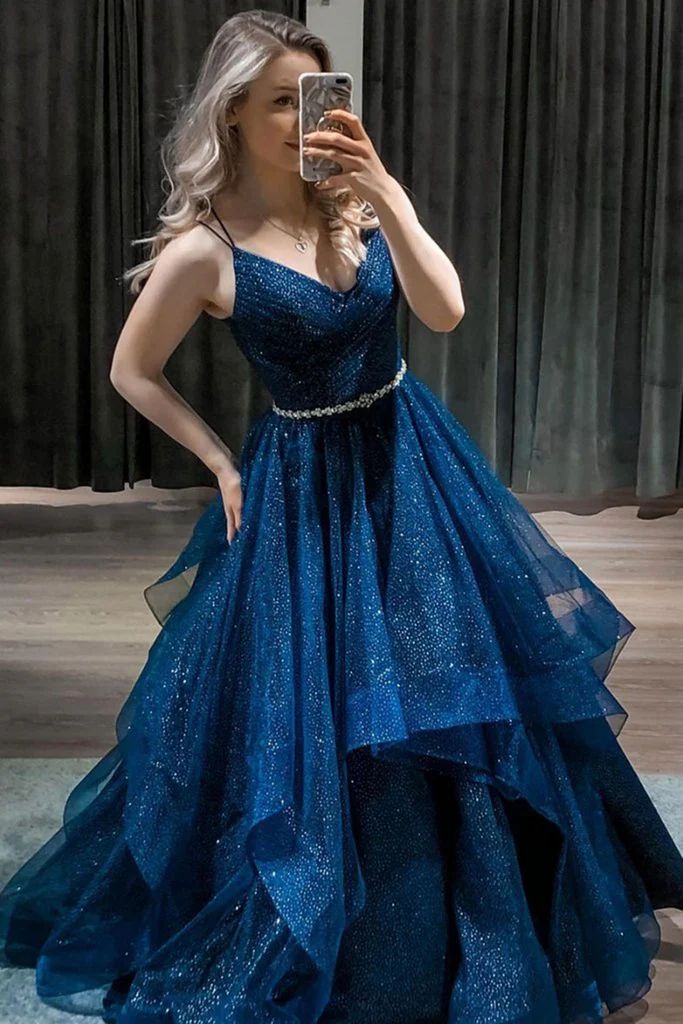 Modest Ball Gown Spaghetti Strap Navy Blue Tulle Prom Dresses Long Sweet 16 Birthday Party Dress Evening Dresses AB1163