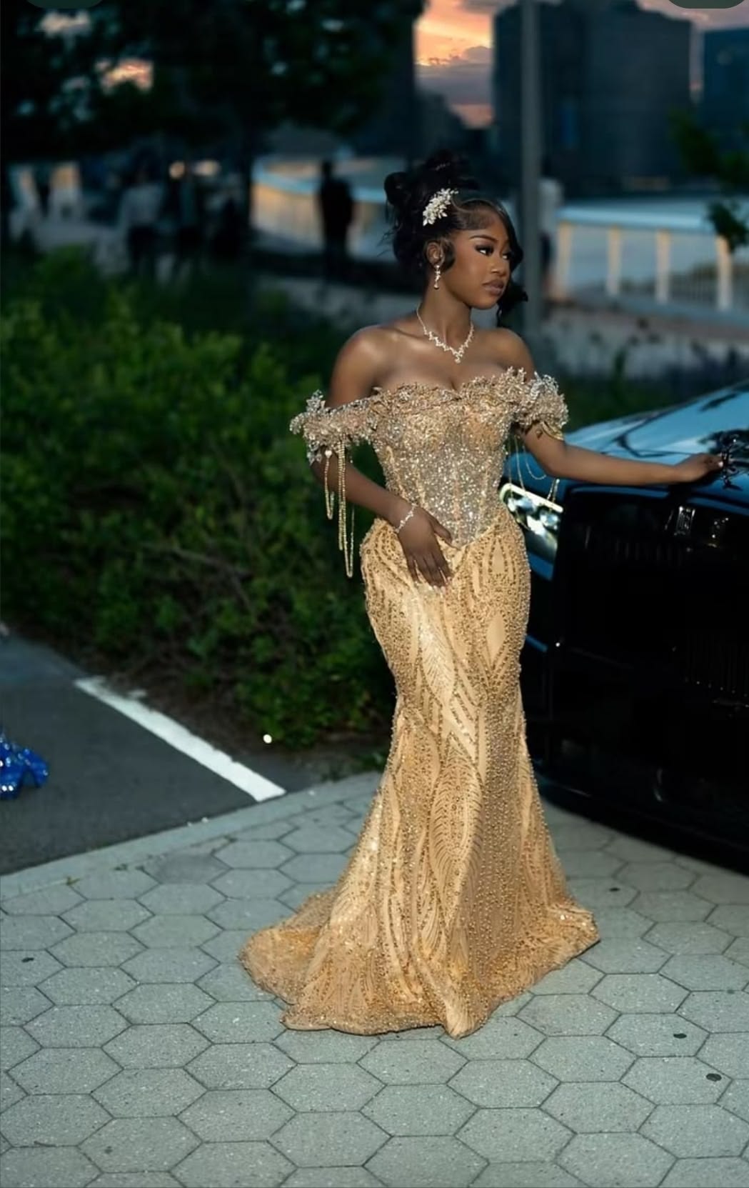 Modest Prom Dresses Mermaid Off The Shoulder Gold Sequin With Sleeves Floor Length Long Formal Dress RC1360