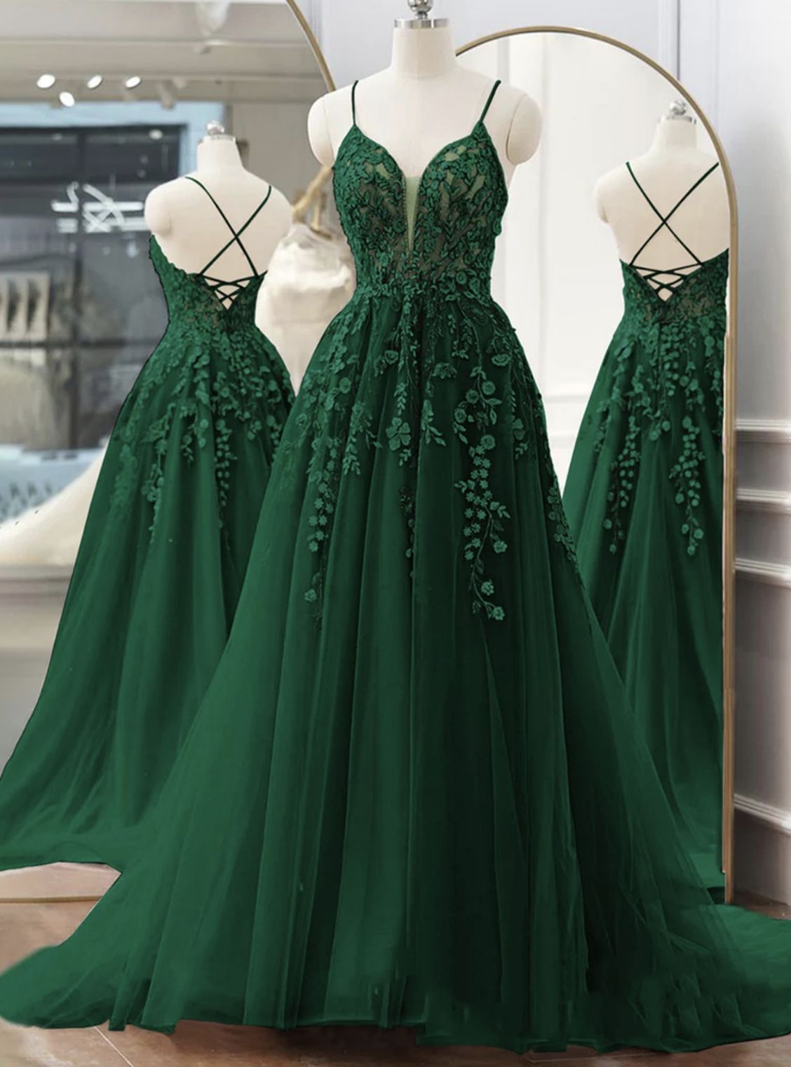 Modest Ball Gown Spaghetti Strap Emerald Green Lace Tulle Prom Dresses Long Sweet 16 Birthday Party Dress Evening Dresses AB1165