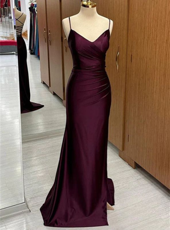 Lila Meerjungfrauen-Abendkleid aus Satin mit Spaghettiträgern und Falten für Damen AB1520