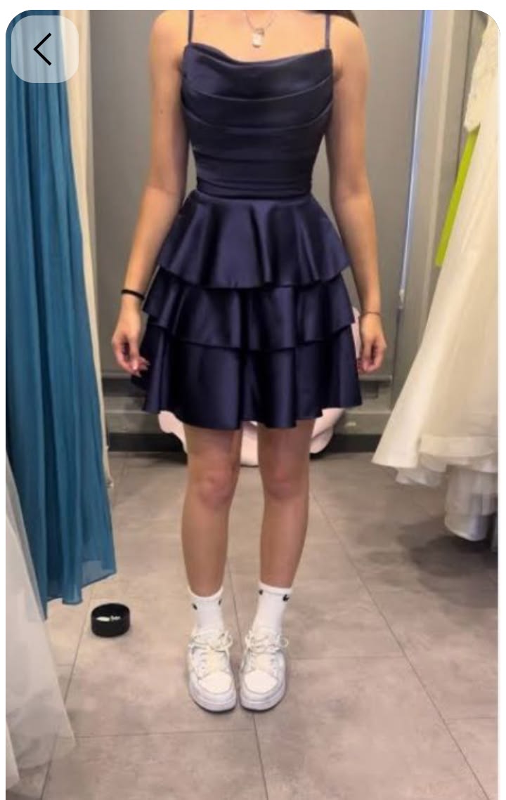 Simple A line Spaghetti Strap Navy Blue Satin Short Mini High Shool Grad Hoco Outfit Homecoming Dresses RB4608