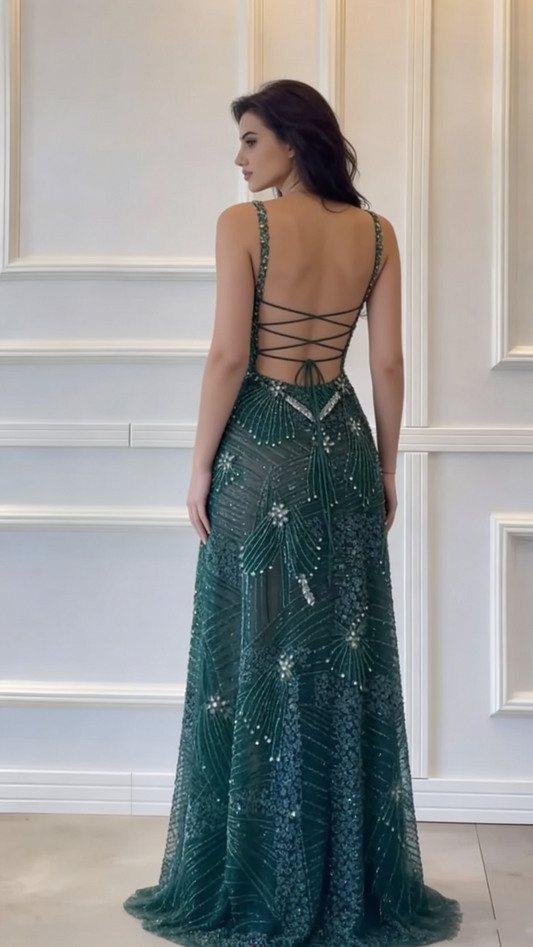 Elegantes, langes, dunkelgrünes Paillettenkleid mit A-Linien-Schnitt, eckigem Ausschnitt und Schlitz – perfekt für Abschlussball und Abendveranstaltung (N036)