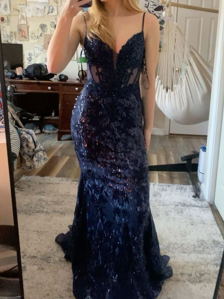Shinning Mermaid Spaghetti Straps Navy Blue 2026 Sequined Lace For Women Party Dresses Long Formal Prom Dress 22th Birthday Gown AB1366