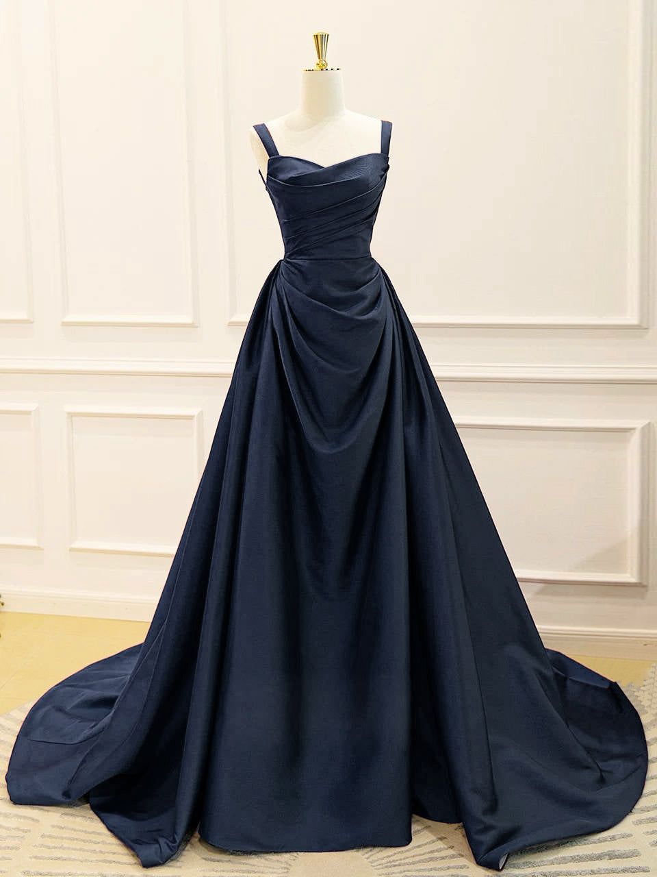 Elegantes, trägerloses Ballkleid aus Satin, dunkelblau, langes Abendkleid, marineblau, langes Abendkleid AB692