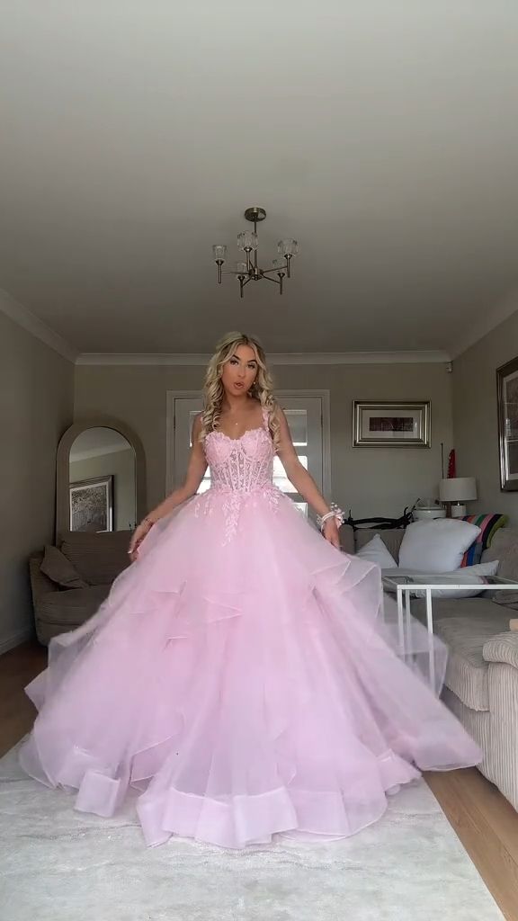 Aesthetic Princess Pink Prom Dress Fairytale Ball Gown Straps Lace Appliques Long Formal Dresses RC1363