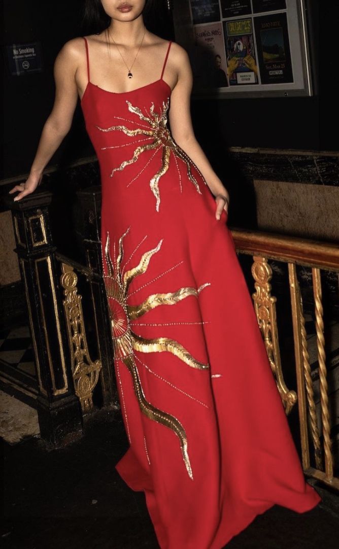 Unique A Line Spagehtti Straps Red Satin With Gold Beads Long Prom Dresses Formal Gown Inspo Evening Outfits AB1377