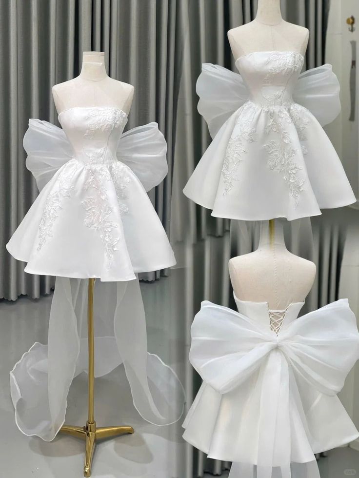 Timeless Ball Gown Strapless Short White With Lace Appliqued Bow Summer Beach Wedding Dresses RB3543