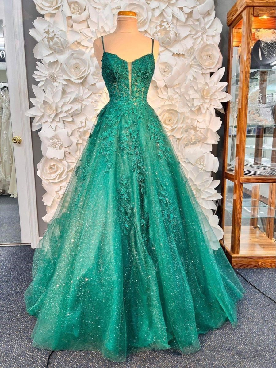Modest Ball Gown Spaghetti Strap Green Tulle Prom Dresses Long Sweet 16 Birthday Party Dress Evening Dresses AB1167