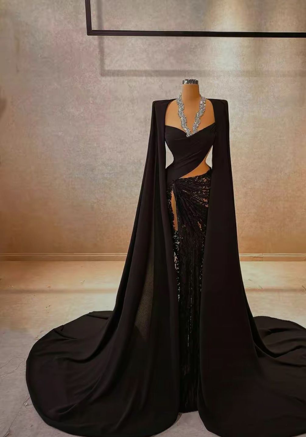 Unique Mermaid Black Satin With Cape Long Prom Dresses Formal Gown Inspo Evening Outfits AB1372