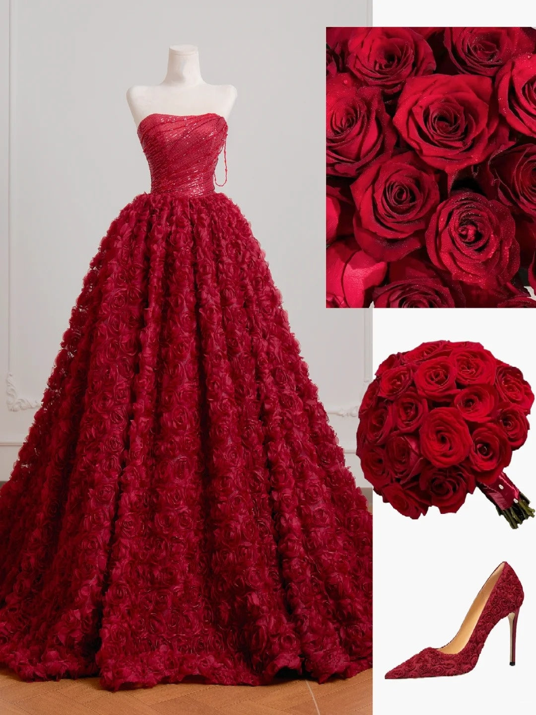 Robe de bal intemporelle bustier en tulle fleuri bordeaux, inspiration robe de soirée N402