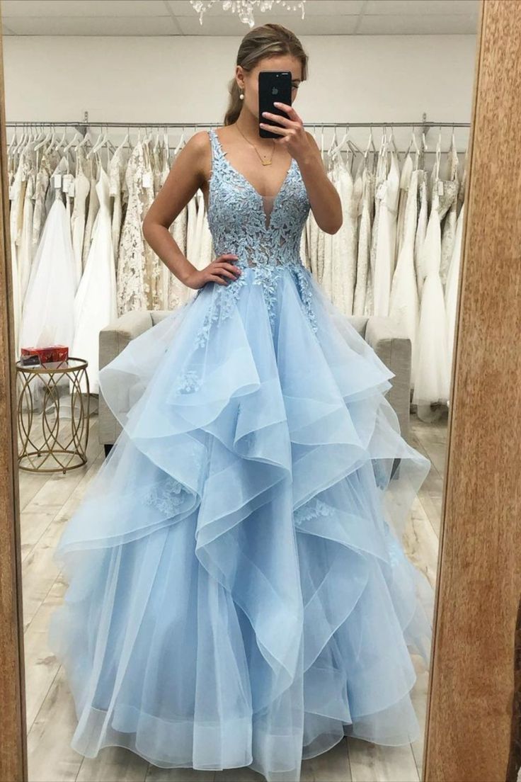 Robe de bal de rêve pour femme, col en V, tulle bleu ciel clair, longue, robe de soirée formelle AB1798