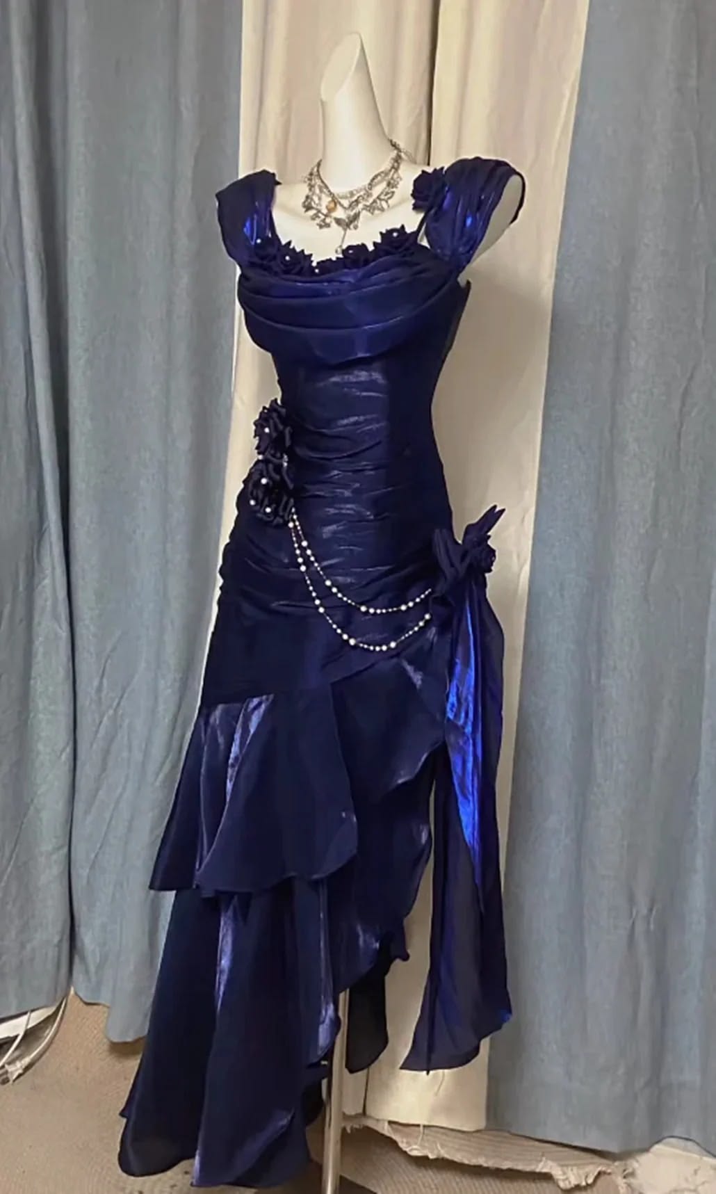 Dreamy Mermaid Square Neck Royal Blue With Pleated Long Prom Dress Ruffles Evening Party Formal Outfits RB6670