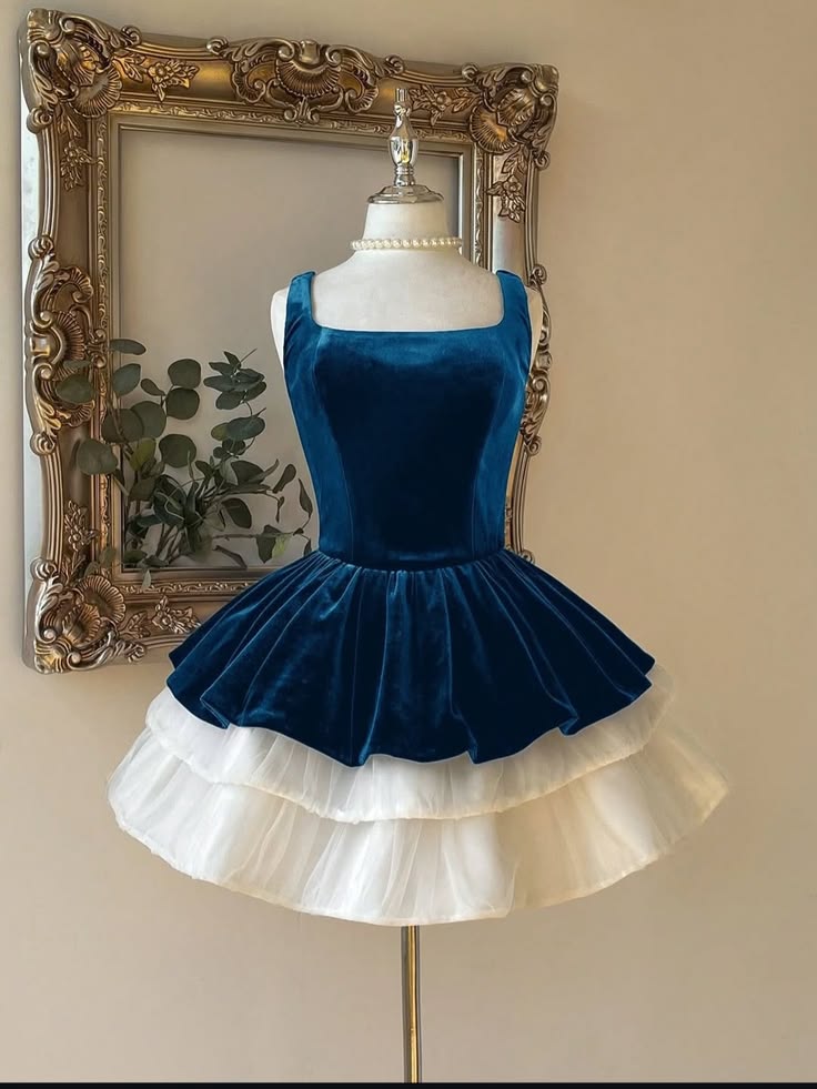 Jolie robe de bal, coupe carrée, bleu marine et blanc, en velours et tulle, courte, pour bal de promo ou de fin d'études, robe de cocktail N2436