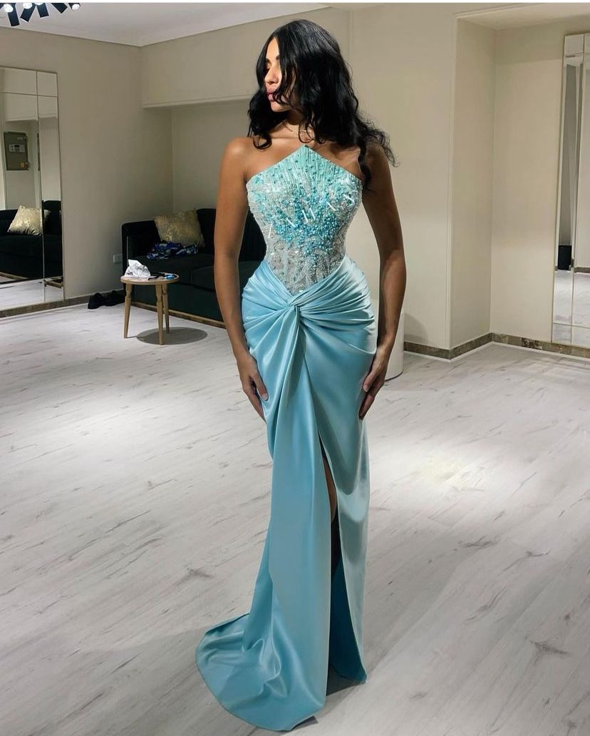 Prom Dress Sexy Mermaid Halter Blue Satin Floor Length Slit For Women Graduation Party Dress RC1067