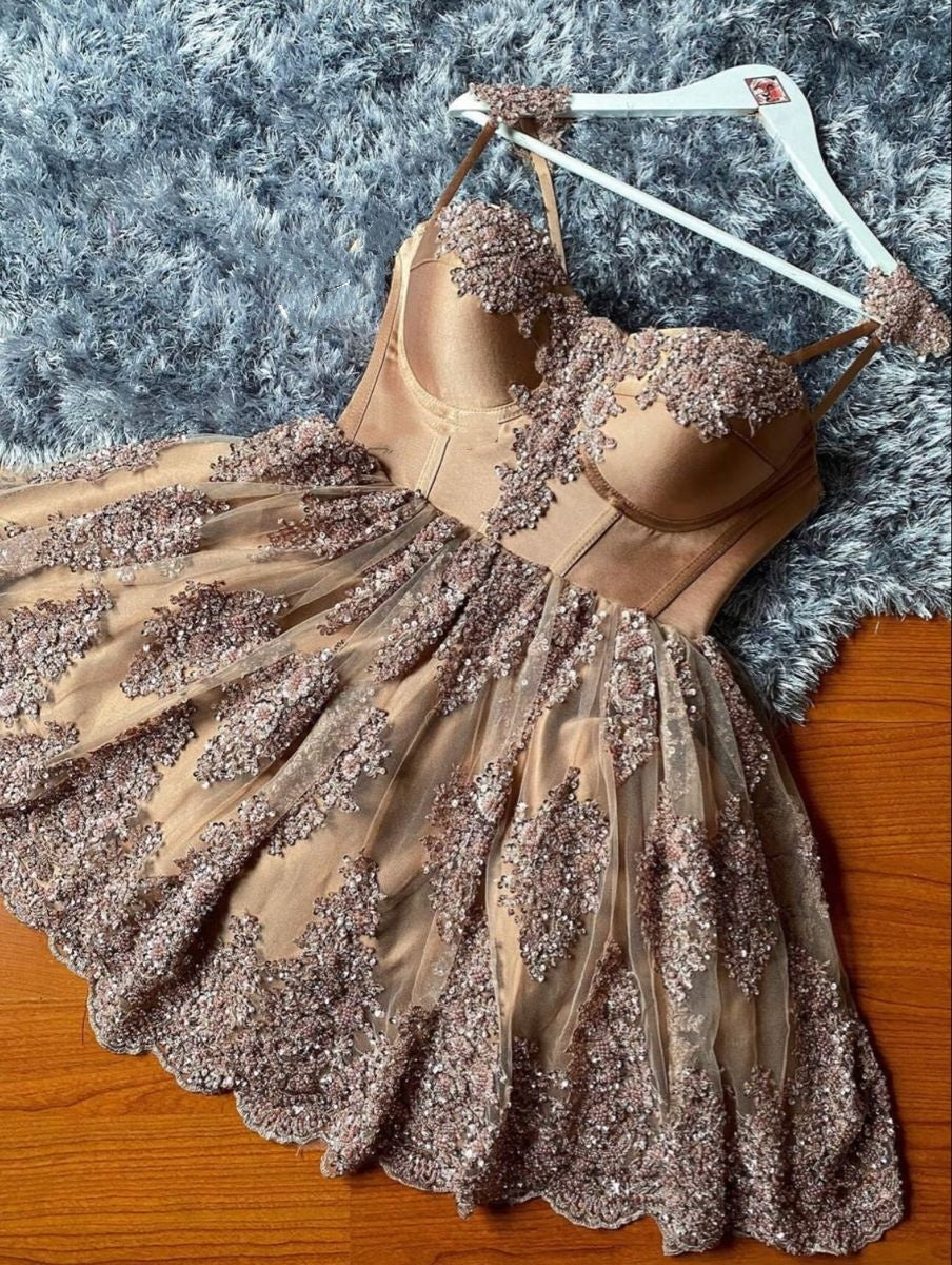 Ball Gown Spaghetti Straps Gold Lace Sleeveless Short Homecoming Dresses Party Outfits Inspiration RB9303