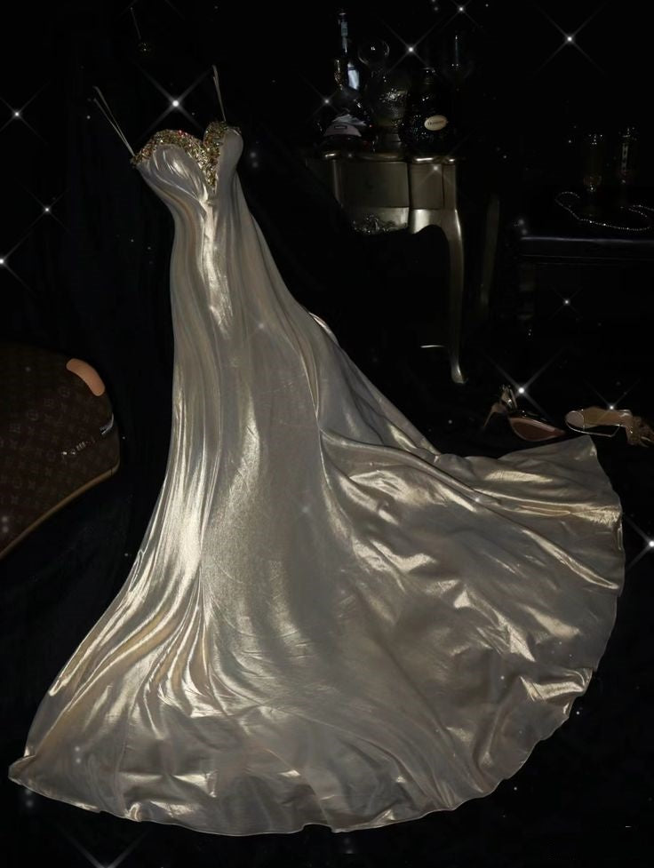 Meerjungfrauen-Abendkleid mit Herzausschnitt, goldfarben mit Perlenstickerei, langes Ballkleid für Damen, AB1509