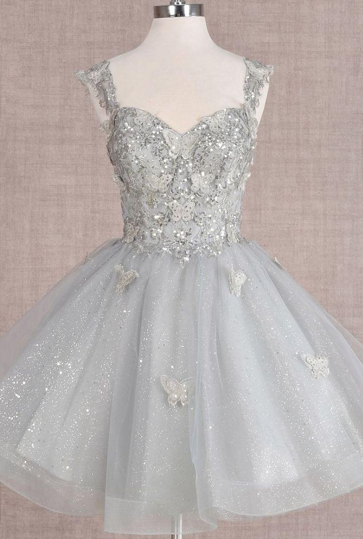 Robe de soirée pailletée à fines bretelles en tulle gris clair, mini-courte, pour Hoco, 19e anniversaire, robes de retour à la maison RB4137