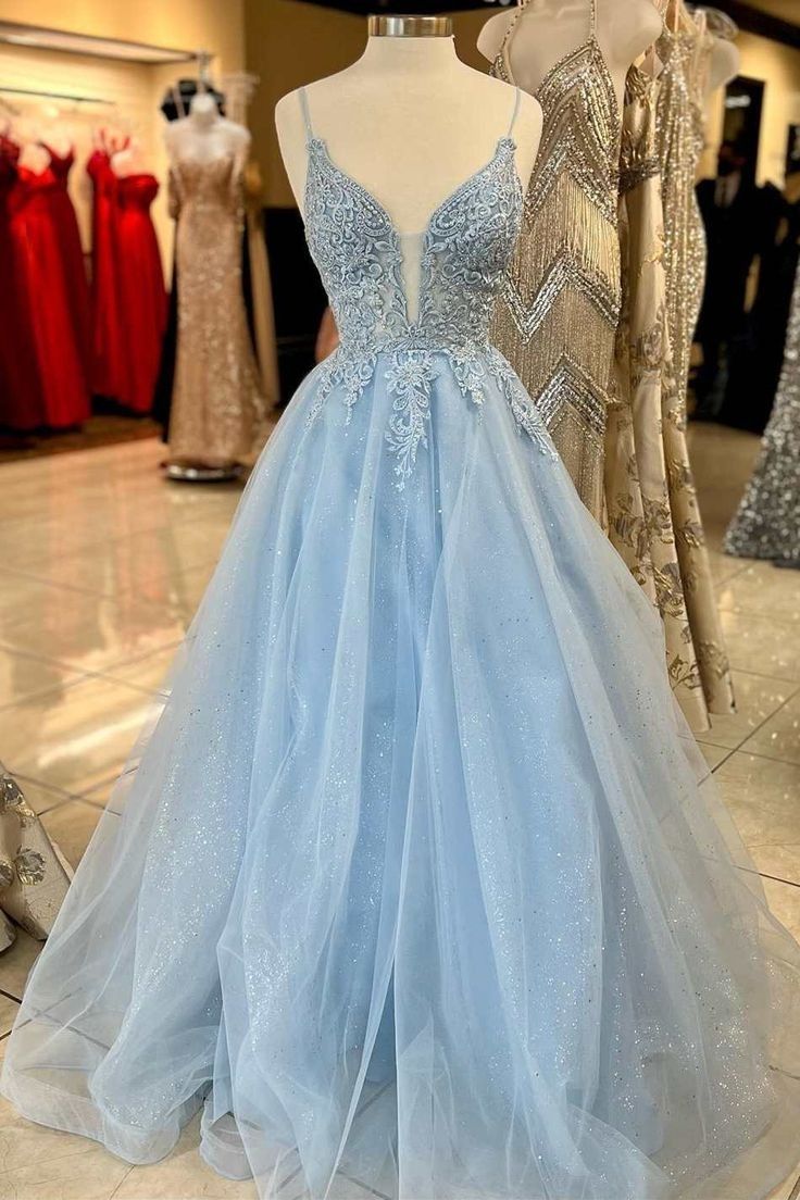Retro-A-Linien-Abendkleid mit Spaghettiträgern, hellblauer Spitze und Tüll, modischer Stil für Teenager, festliche Kleider, Party-Outfits, Ballkleid AB1146