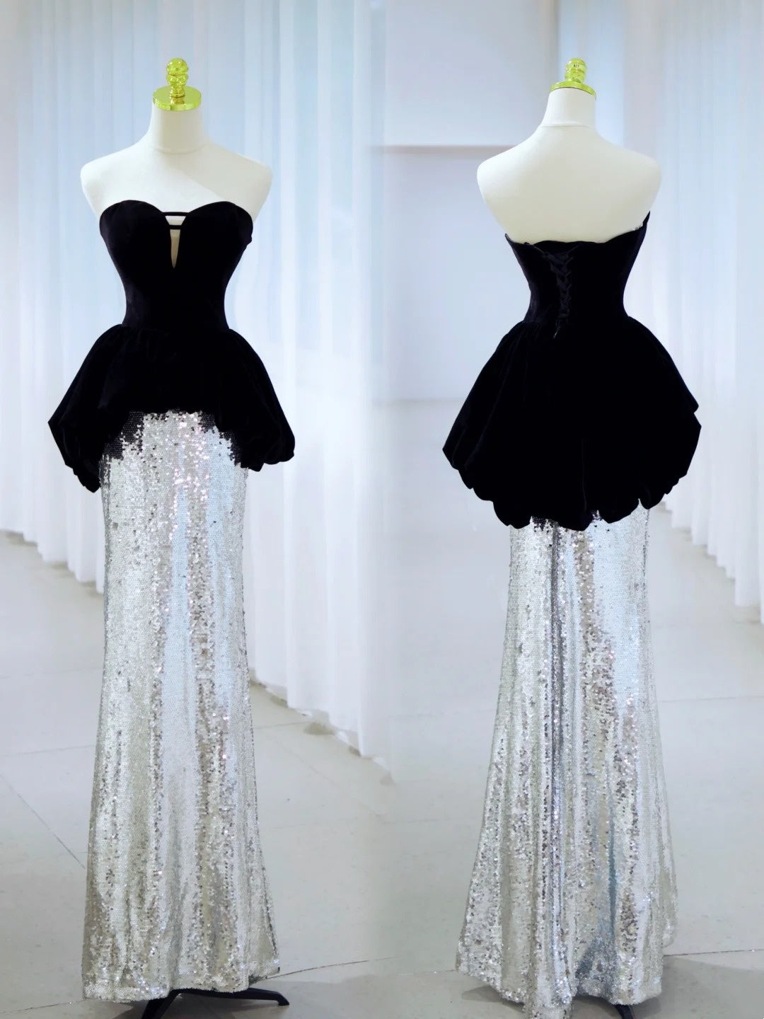 Robe de bal longue en dentelle noire pailletée argentée, robe de soirée pour 19e anniversaire, tenue de graduation N2844