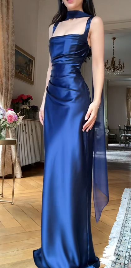 Langes Etuikleid mit eckigem Ausschnitt, Satin, marineblau, festlich, AB1863