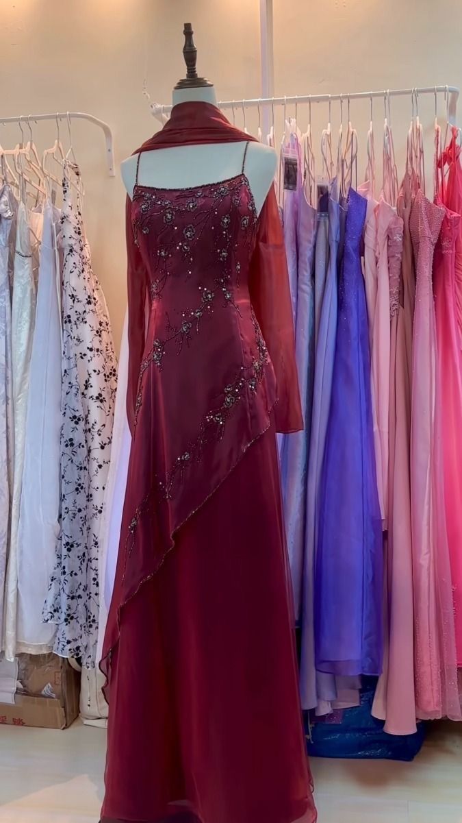 Modest A Line Spaghetti Straps Burgundy With Beaded For Women Party Dress Long Formal Prom Dresses 22th Birthday Outfits AB1397