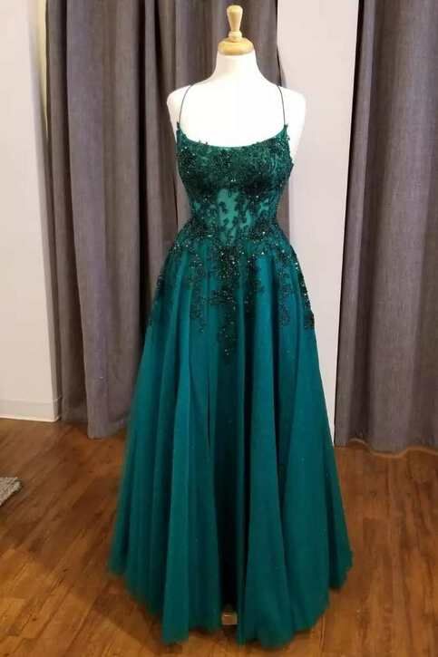 Robe de bal rétro trapèze à fines bretelles, en dentelle et tulle vert foncé, style tendance pour adolescentes, robe de soirée, robe de bal AB1150