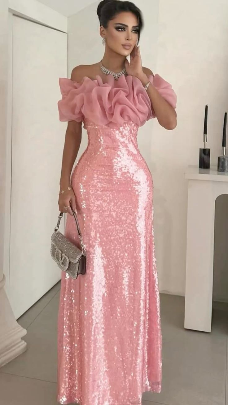 Robes de bal longues sirène sexy roses à épaules dénudées et manches pour femmes N4162
