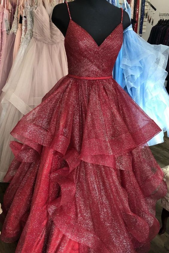Ballkleid mit Spaghettiträgern, Rüschen, langes Abendkleid, burgunderrot, Abendkleid, Geburtstagskleid AB933