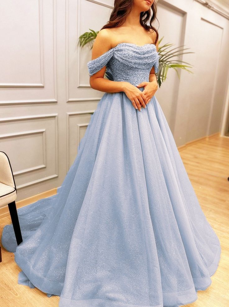 Robe de bal longue et élégante en tulle bleu à sequins, épaules dénudées, inspiration robe de soirée AB1801